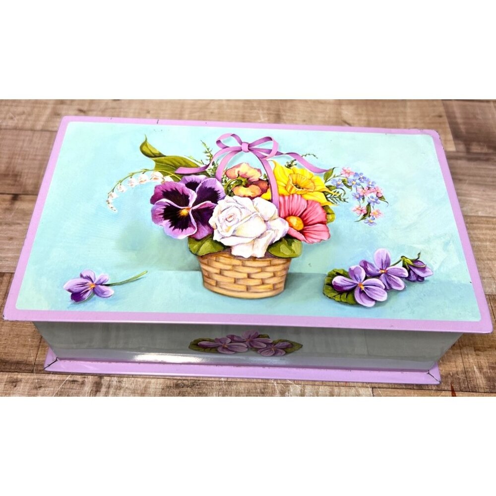 Hand-Painted Floral Tin Box With Pastel Purple Accents & Basket Design